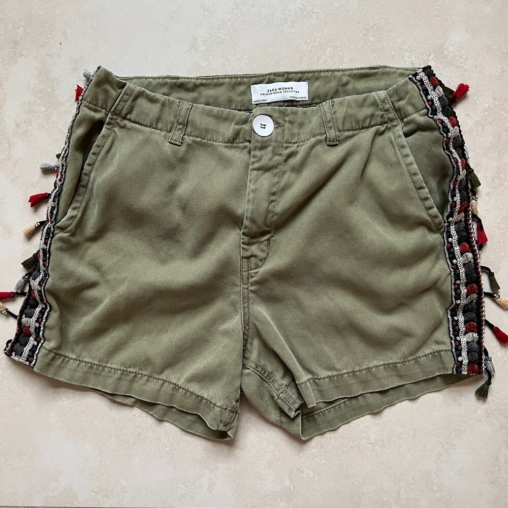 Zara Green Woven Embroidered Tassel Shorts Size 4